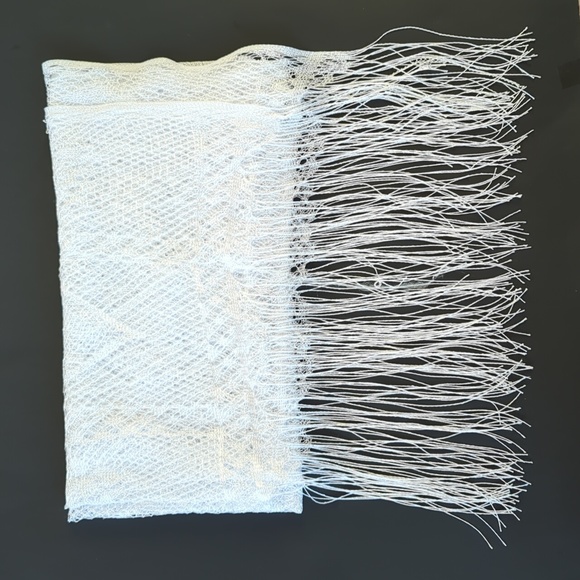 Fishnet Open Weave Long Fringed Scarf Wrap White 27" x 61" Formal Wedding - Picture 2 of 15